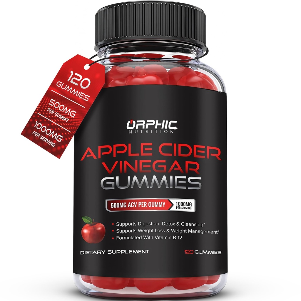 ORPHIC NUTRITION Apple Cider Vinegar Gummies - 1000mg - ACV Weight Loss Gummies - Ondersteunt Digestie, Detox & Cleansing - VIT B12, Beetwortel - Gomitas de Vinagre de Manzana (120 st.)