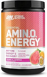 Optimale voeding Nieuwe smaak Amino energie - Pre-workout met groene thee, BCAA, Aminozuren, Keto vriendelijk, Green Coffee Extract, Energiepoeder - Tropische zonsopgang, 30 porties (Verpakking mei Vary)
