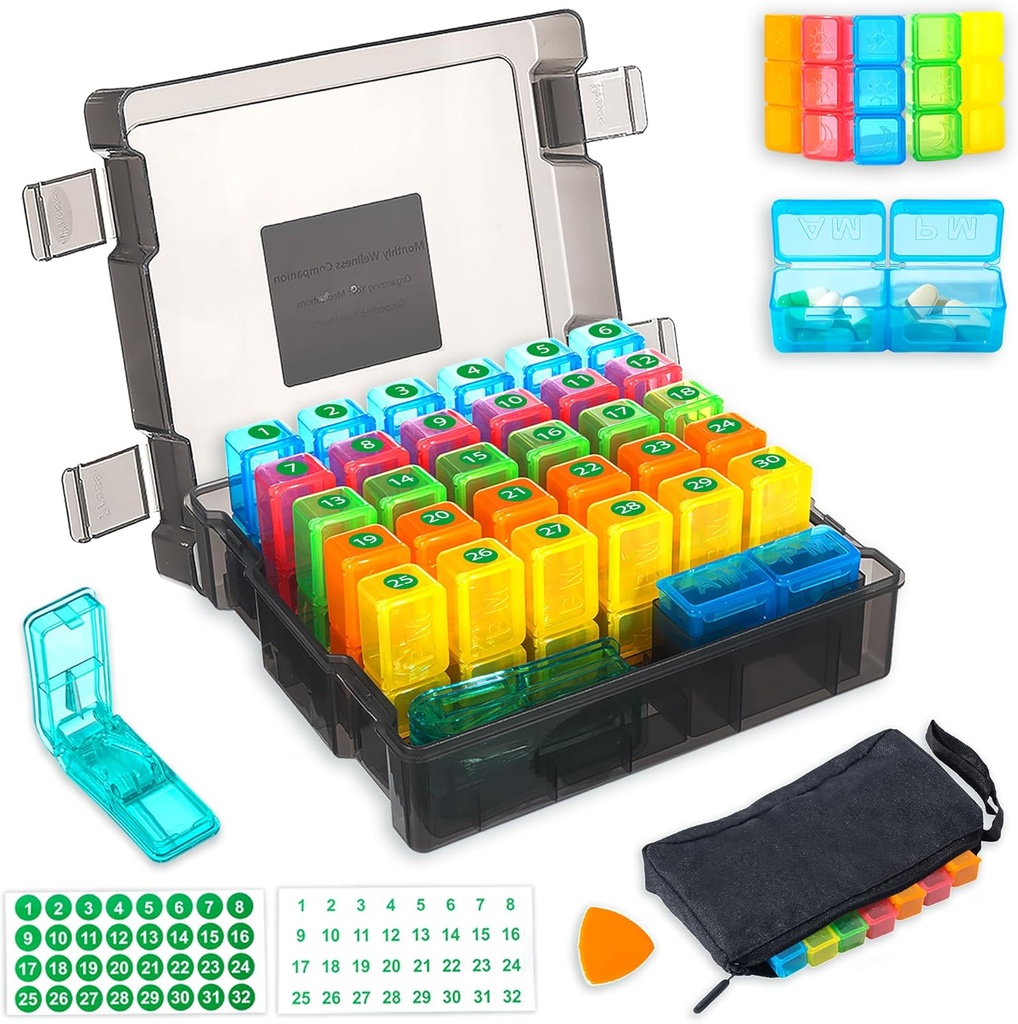 Maandelijkse pil Organizer 2 keer per dag met 31 dagen vochtdichte doos, Wekelijkse pil zak, pil Cutter, Plastic Opening Kies voor gemakkelijk gebruik, grote capaciteit voor handige medicatie management(zwart)