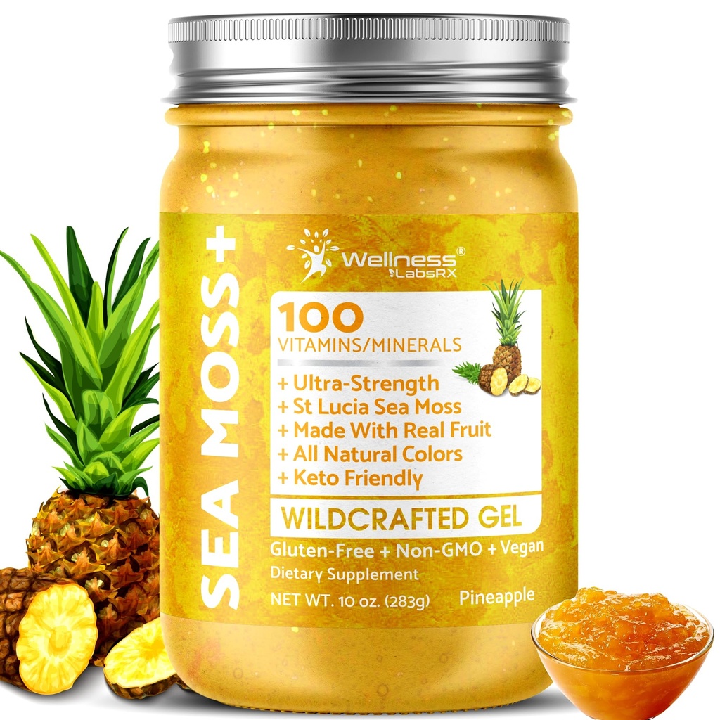 WELLNESS LABSRX Irish Sea Moss Gel Raw - Wildcrafted Superfood Seamoss Gel - Pineapple Flavor, Vitamin and Mineral-Rich from Pristine Caribbean Waters, Immune and Digestive Health Support - 10 oz.