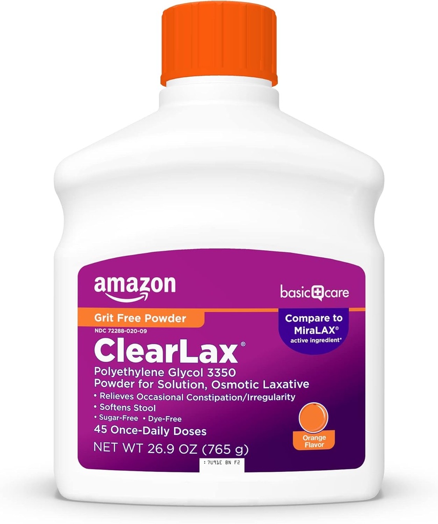 Basic Care ClearLax, Laxative Powder for Gentle Constipatie Relief, Softens Stool, Polyethyleen Glycol 3350, Orange Flavor, 1,68 pond (Pack of 1)
