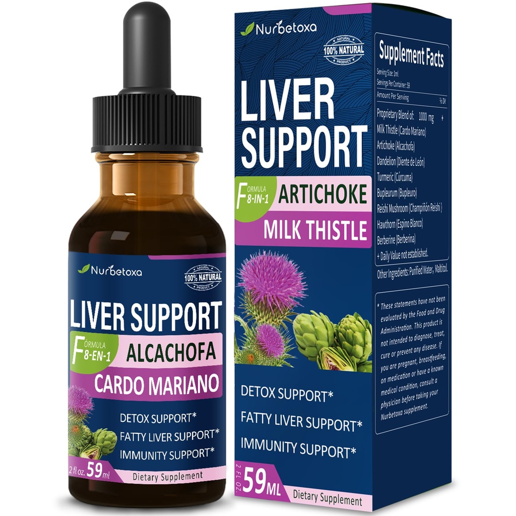 Melkdistel & Artichoke Extract Lever Support Drops for Fatty Liver, Alcachofa, Curcuma y Cardo Mariano para el Higado Graso, Berberina para Bajar de Peso, Liver Detox & Repair Formula.2oz