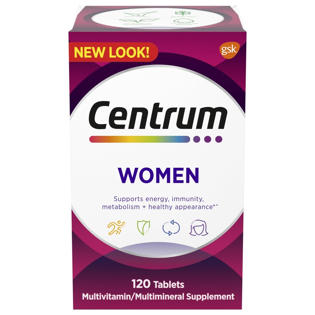 Centrum Multivitamine voor vrouwen, Multivitamine/Multimineral Supplement met ijzer, vitamine D3, B Vitaminen en Antioxidant Vitaminen C en E, Glutenvrij, Non-GMO Ingrediënten - 120 Tel.
