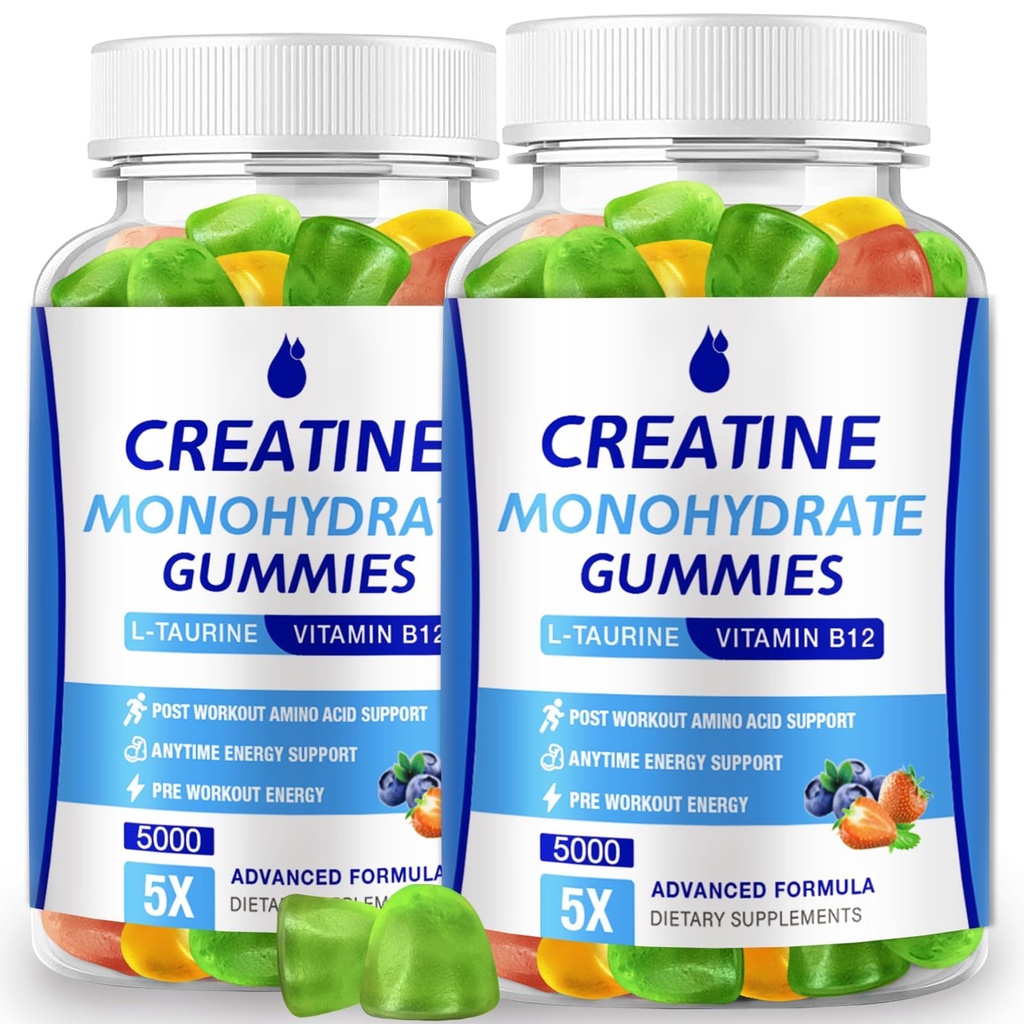 Creatine Monohydraat Gummies 5000mg Creatine voor vrouwen & mannen 2 Packs, Creatine Monohydraat Kauw voor Boost Focus, Spierkracht, 5g Creatine Monohydraat per Serving, Suikervrij, Veganistisch