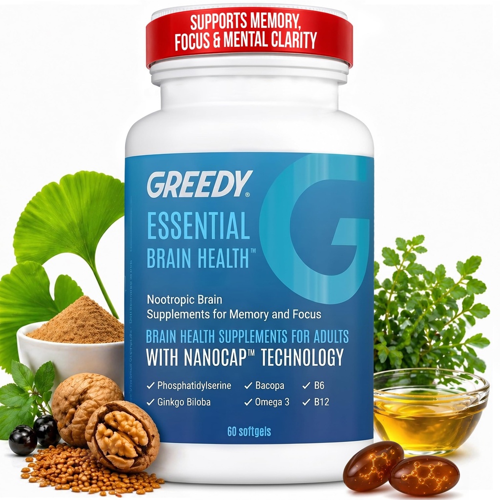 Nootropic Brain Supplementen voor Geheugen en Focus De hersenen Health Supplementen voor Volwassenen met NanoCap® Technologie, Fosfatidylserine, Bacopa, Ginkgo Biloba, Omega 3, B6 B12, 60 Softgels van Greedy®
