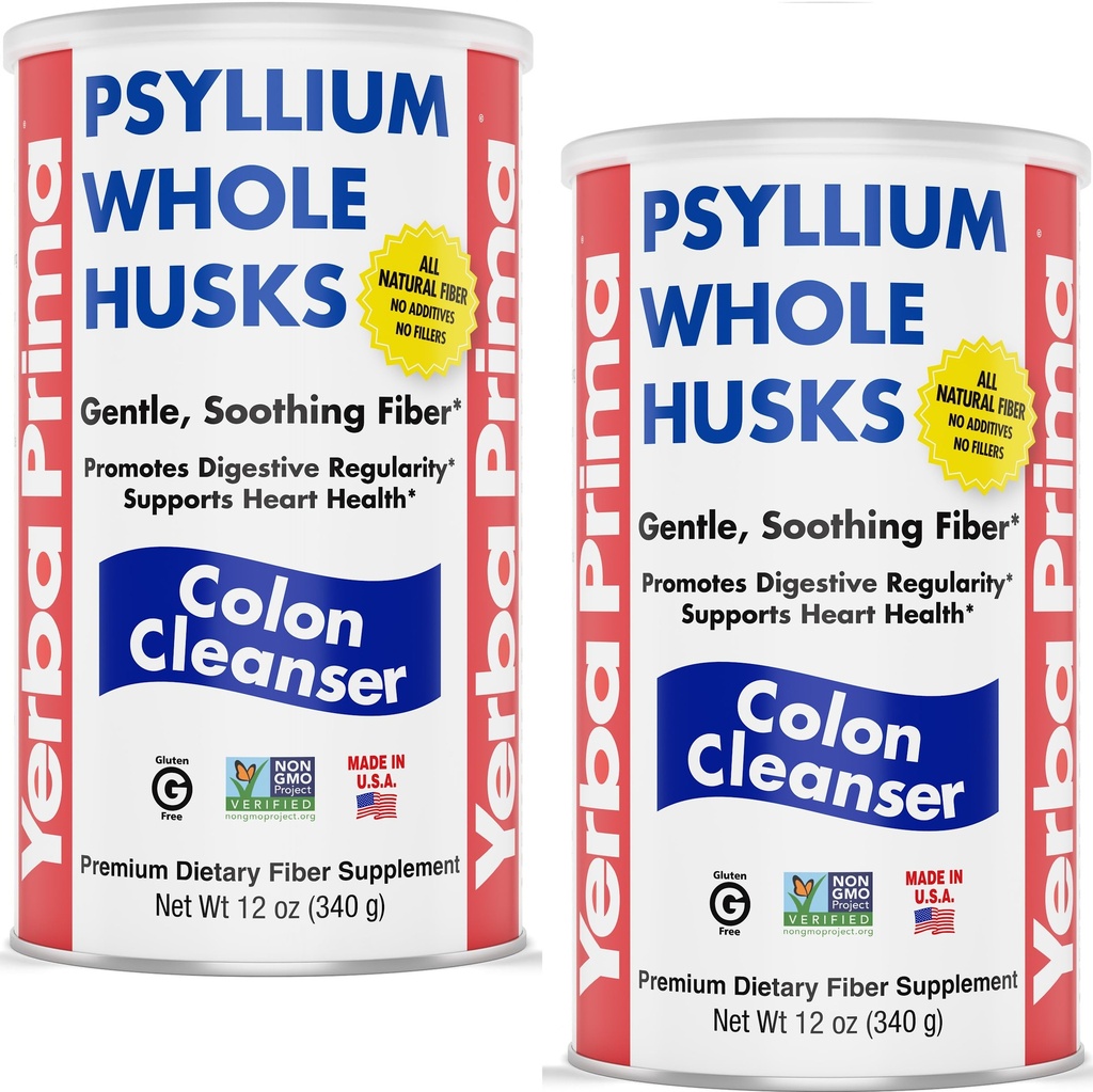Yerba Prima Psyllium Whole Husks, 12 oz (2 Pack) - Colon Cleanser, Glutenvrij, Niet-GMO, Verzachtende Regularity