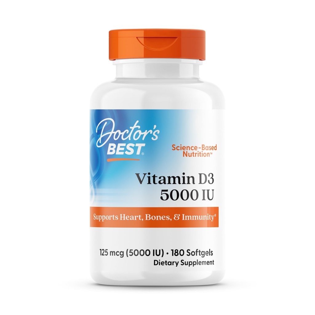 Dokter's Best Vitamine D3 5000IE, Non-GMO, Gluten & Sojavrij, Reguleert Immuunfunctie, Ondersteunt gezonde botten, Wit, Geen smaak, 180 Tel.