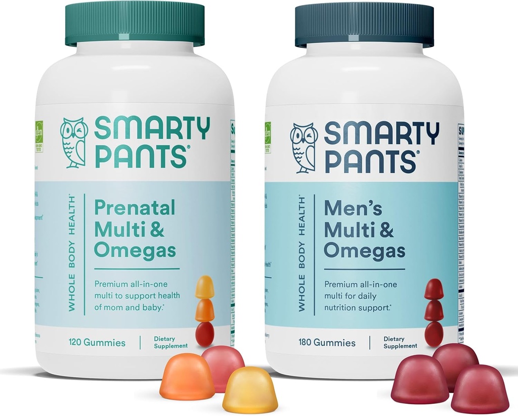 SmartyBants Prenatale en mannen Multivitamine Gummies Bundel: Omega 3 Visolie (EPA/DHA), Biotine, Methylfolaat, Vitamine D3, C, Vitamine B12, B6, A, K & Zink voor Immune Ondersteuning (30 dagen levering)