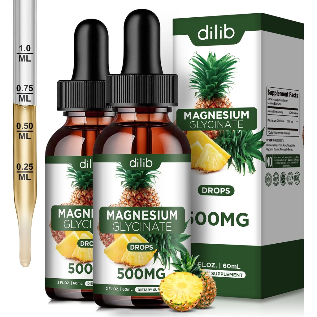 (2 Pack) Magnesium Glycinate Supplement, vloeibaar Magnesium Glycinate Liquid Drops 500mg-Support Stress Relief, Relaxation, Mood, Slaap, Bot & Muscle-4 Fl Oz, Veganistan, Ananas smaak