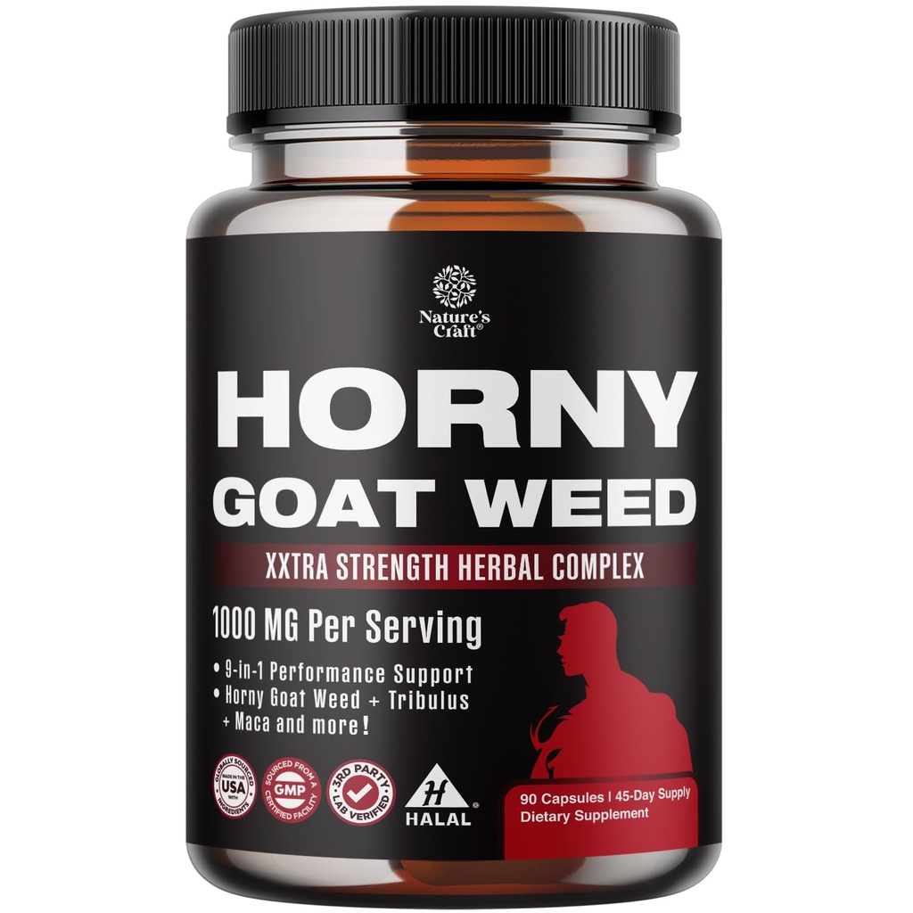 Natures Craft Horny Geit onkruid voor mannen - extra sterkte mannelijke supplement met zwarte Maca Root, Tongkat Ali, Saw Palmetto & Panax Ginseng Extract voor uithoudingsvermogen & energie - 90 capsules