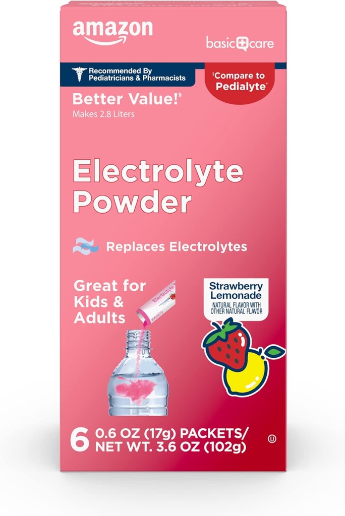 Basic Care Electrolyte Powder Packets, Aardbei Lemonade, 6 Tellen (pakket van 1)