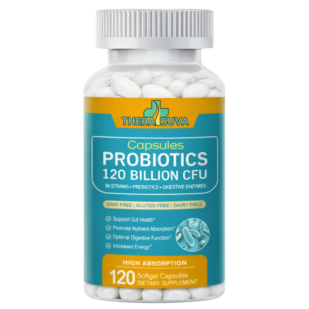 Probiotica 120 miljard CFU-36 Strains + Biologische Prebiotica + Natuurlijke Whole Food Supplement voor Ultimate Gut Health Ondersteuning- 120 Softgels, 60 Day Supply