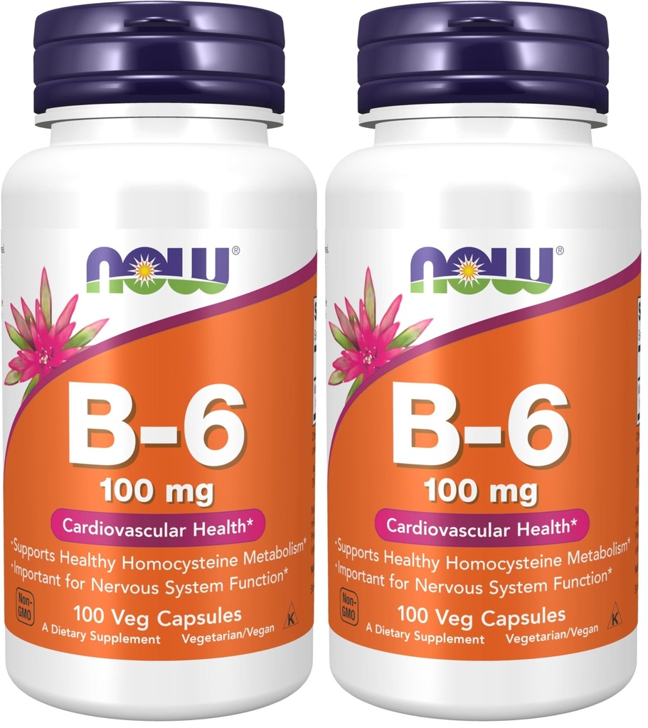 NOW Supplementen, vitamine B-6 (Pyridoxine HCl) 100 mg, cardiovasculaire gezondheid*, 100 Veg Capsules (verpakking van 2)