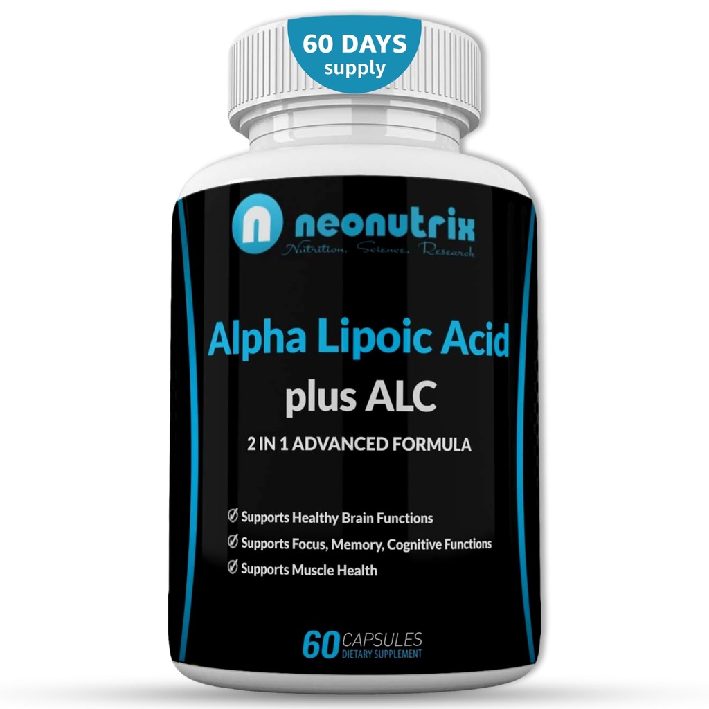 Alpha Lipoïne Acid Plus Acetyl L-Carnitine Antioxidant Supplement ALA ALC voor gezonde hersenfunctie en spierkracht, focus, geheugen en cognitieve functie voor vrouwen en mannen - 60 capsules door Neonutrix