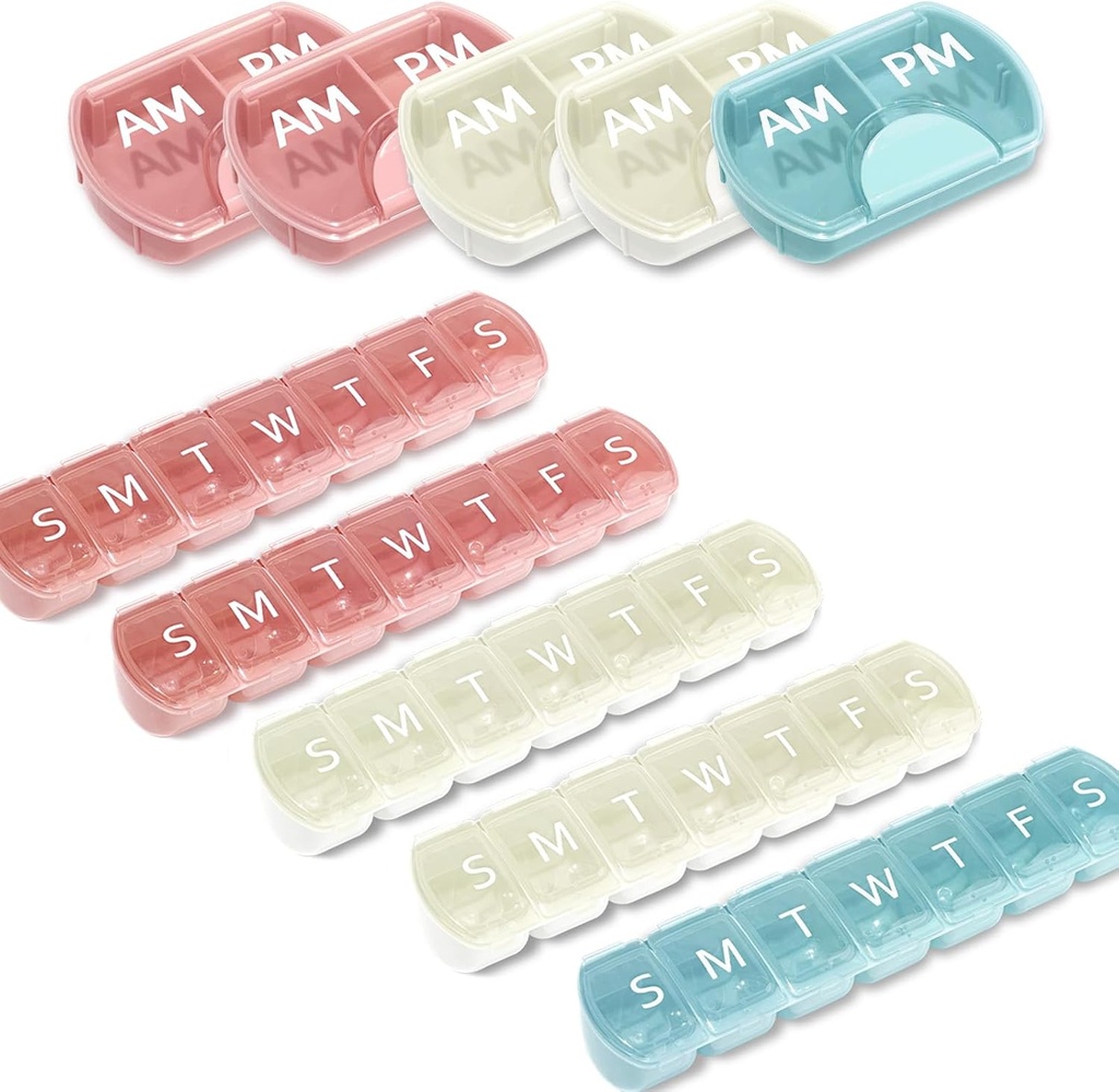 10 Pack (Weekly & Daily), 2 Times a Day (AM/PM) + 7-dagen pil Organizer, Vitamine Planner, Grote Capaciteit, Reis pil Case voor Medicatie/Vitamines/Vish Oils/Supplements, Roze/Wit/Blauw