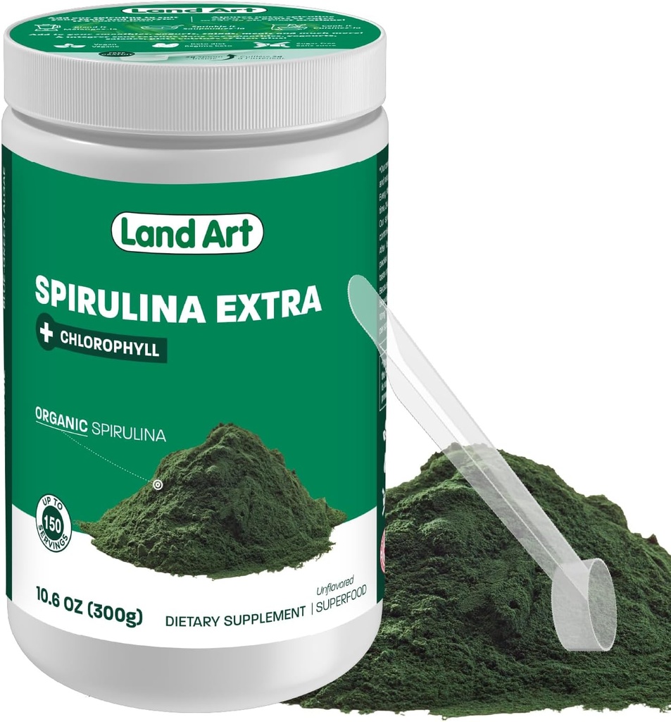 Land Art Certified Organic Fresh Spirulina Extra Powder 300g - Verbeterd met Bio available Chlorofyl Toegevoegd - Niet gearomatiseerd - Clean Source - 3rd Party Tested - Meetlepel Binnen