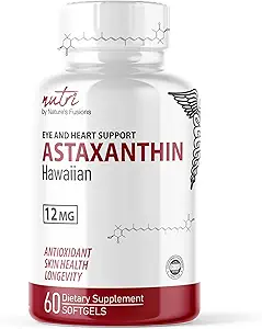 Nature's Fusions Nutri Astaxanthine 12mg Max Strength - Premium Supplementen Groeide in Hawaii - Krachtige Antioxidant, bevordert hart en oog gezondheid - 60 Softgels voor snelle absorptie