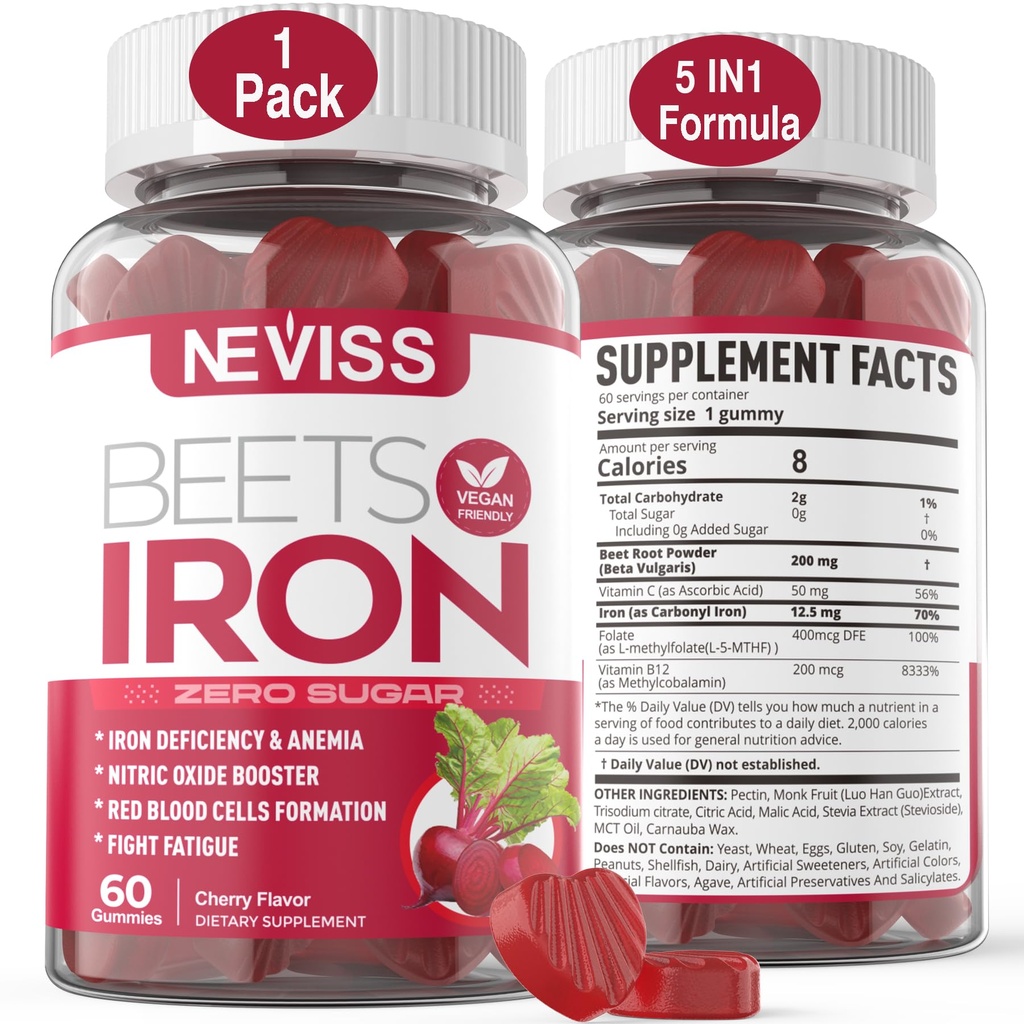 Beet Root Gummies with Iron, Methyl B12, Folate, Vitamin C - Increase Nitric Oxide & Iron Levels, Energy Support, Fight Fatigue, Beetroot & Gentle Iron Supplement, Sugar Free, 60 Counts