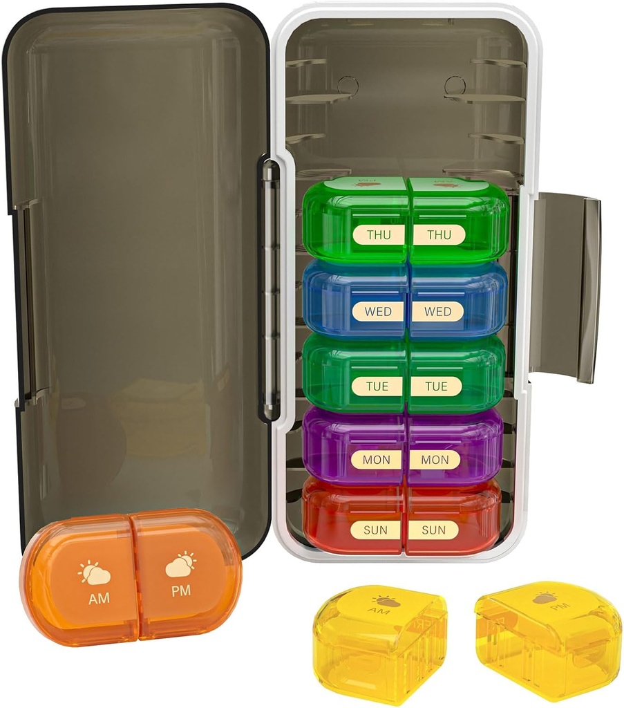 Weekly Pill Organizer 2 Times a Day, Moisture-Proof, Detachable Compartments, AM PM Pill Box 2x 7 Day, Travel Pill Organizer for Pills/Fish Oil/Medication/Vitamin/Supplements (Black + Colorful)