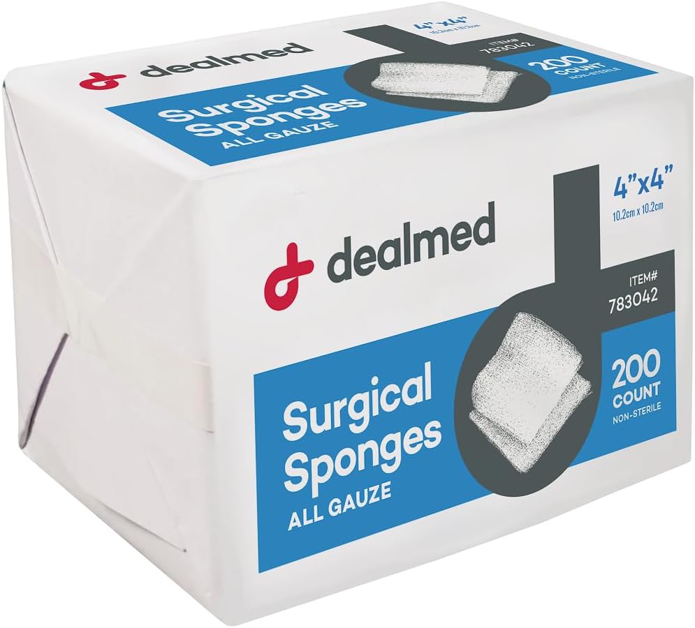 Dealed 4" x 4" Chirurgische Sponges, 8-Ply, Non-Woven Absorberende Gauze Sponges for Wound Care, EHBO Kits and Medical Facilities, 200 Count (Pack of 1)