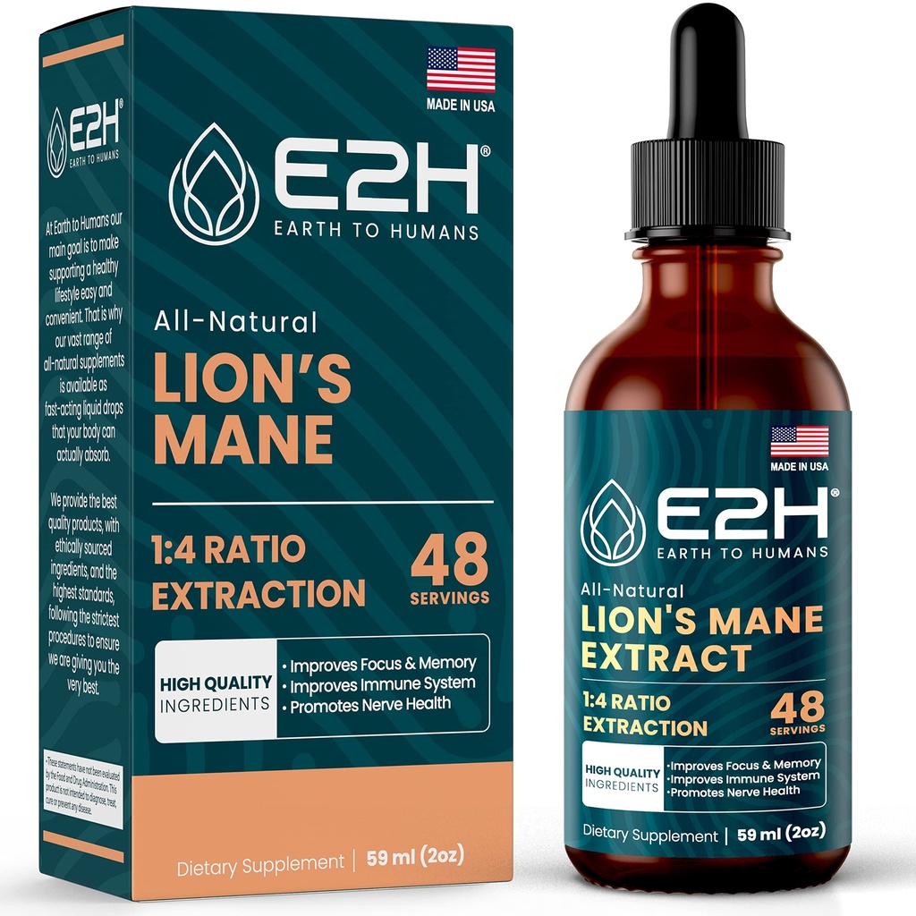 Lions Mane - Lions Mane Supplement - Bevordert geestelijke helderheid, geheugen & focus - Lions Mane Liquid for Immune Support - Mushroom Tinctuur - 2 Fl Oz by E2H
