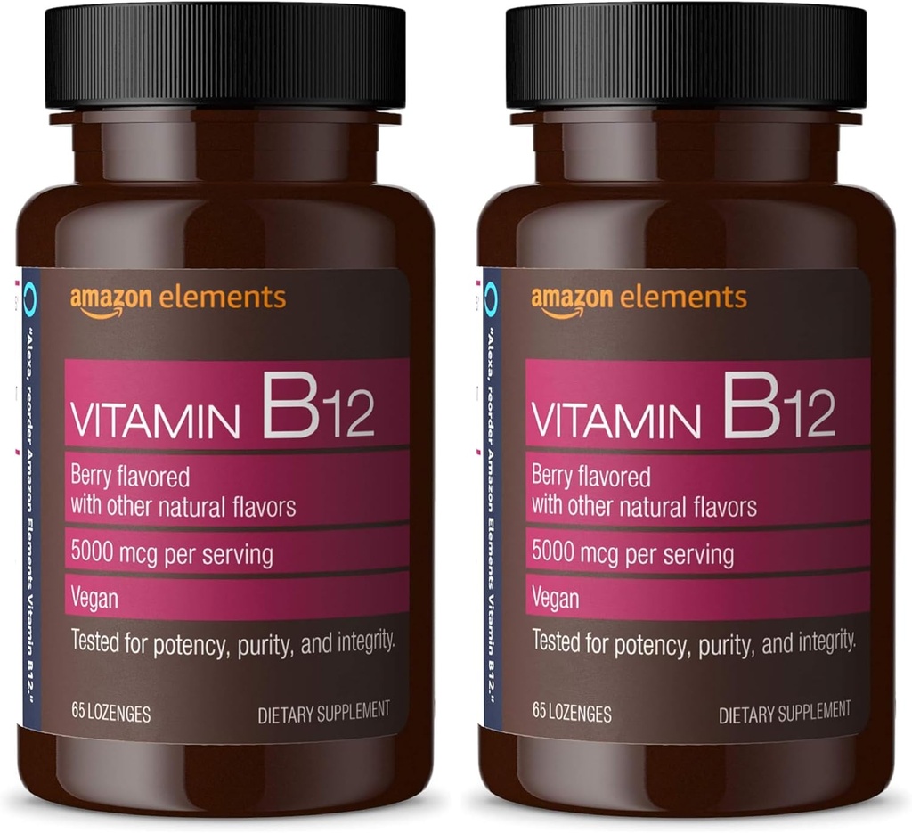 Elementen Vitamine B12 Methylcobalamine 5000 mcg - Normale Energie Productie en Metabolisme, Immuun Systeem Ondersteuning - 2 maanden Levering, Berry Flavored Lozenges, 65 Tellen (Pack of 2)