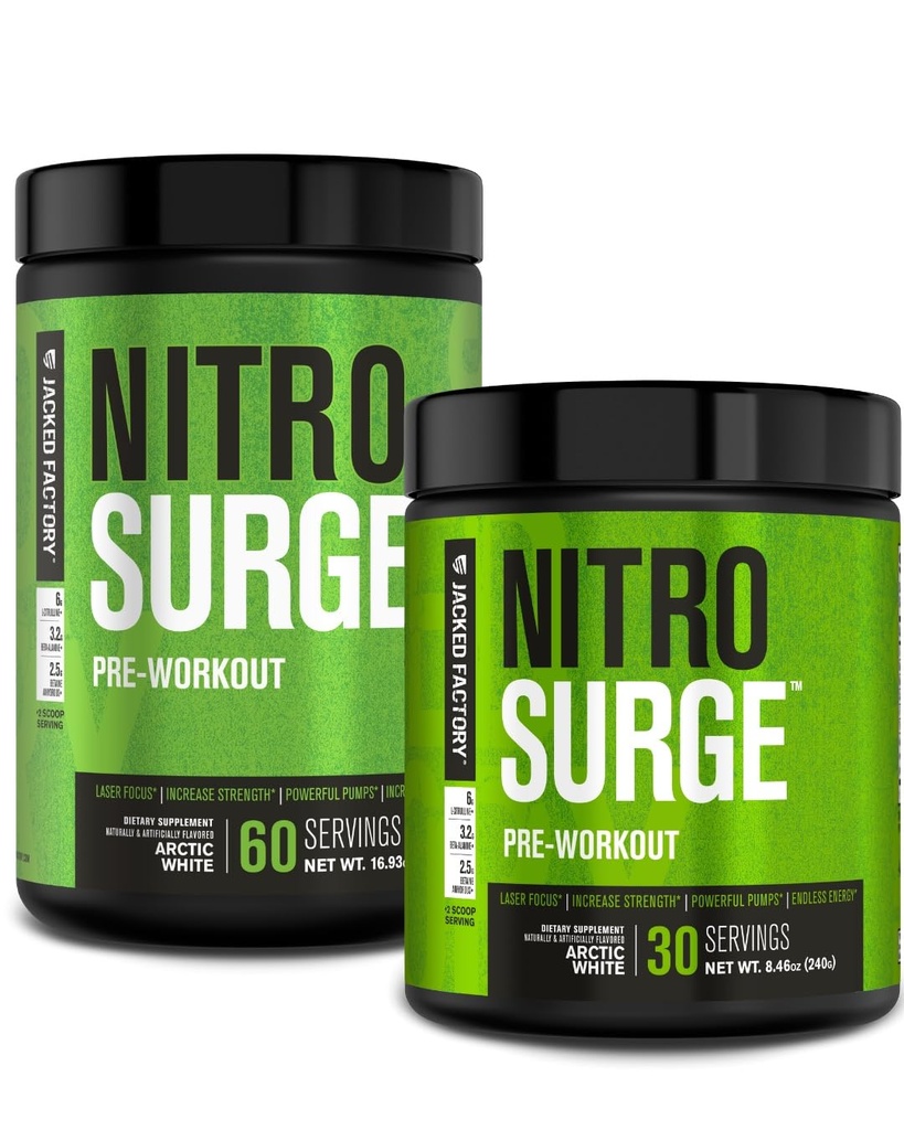 Jacked Factory NITROSURGE Pre workout supplement - eindeloze energie, instant kracht winsten, duidelijke focus, intense pompen - NO Booster en krachtige preworkout energiepoeder - 90 porties, Noordpool wit