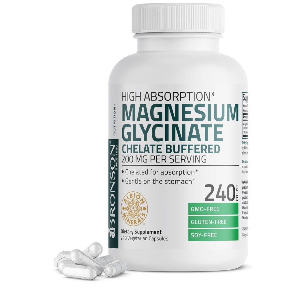 Bronson Magnesium Glycinate 200 MG per portie gecheleerd voor hoge absorptie, zacht op maag, niet-GMO, 240 Vegetarische Capsules