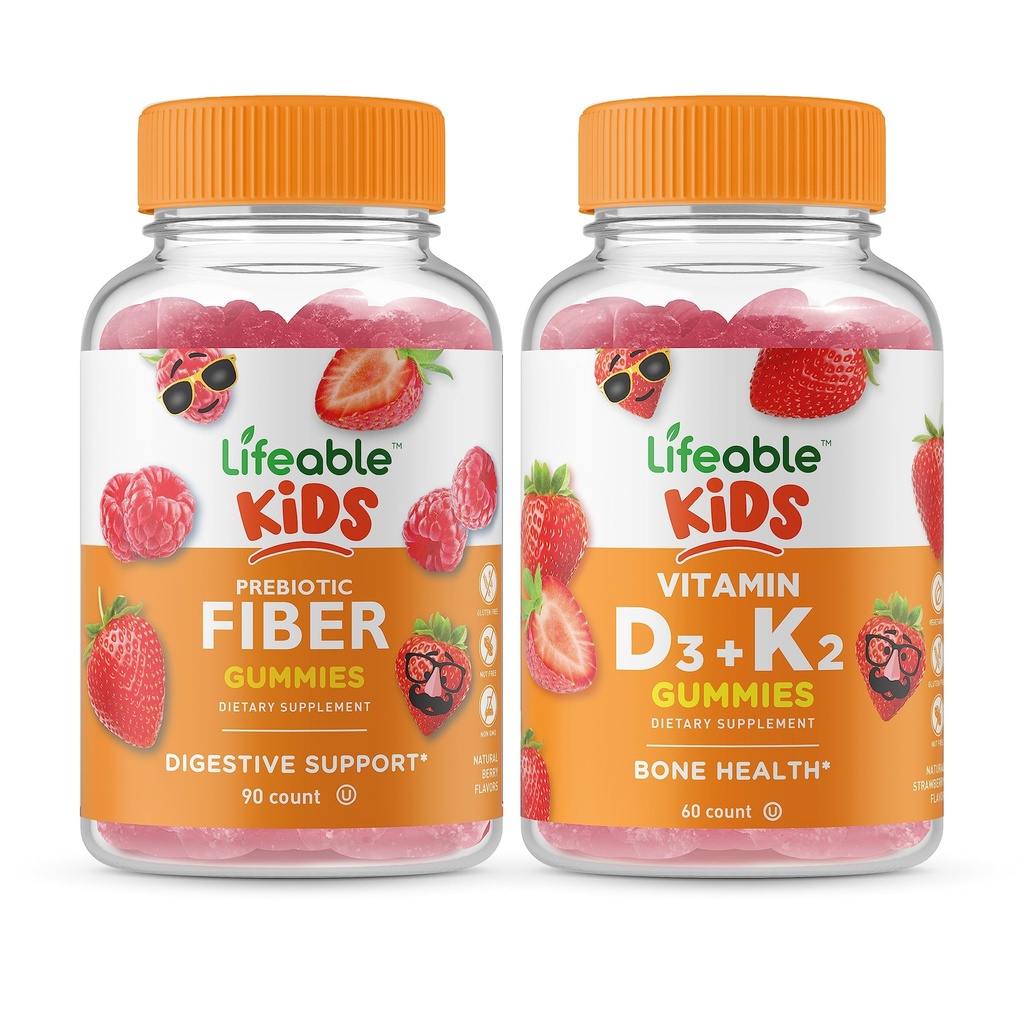 Levensbaar Prebiotic Fiber Kids + Vitamine D3 + Vitamine K2 Kids, Gummies Bundle - Grote Proeverij, Vitamine Supplement, Glutenvrij, GGO-vrij, Kauwgom