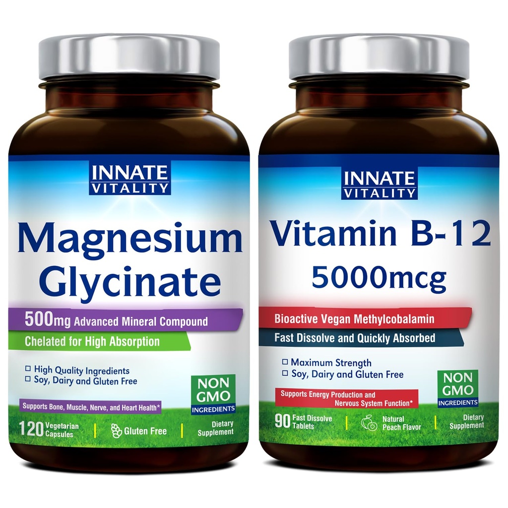 Aangeboren vitaliteit Magnesium Glycinaat & Vitamine B12 Bundel, Geen Gluten & Vegan, Magnesium (120 Caps) & Vitamine B12 (90 Fast Solution Tabs), Waardepakket, Bundel & Save