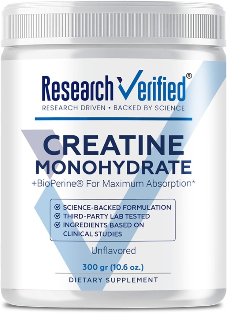 Onderzoek Geverifieerd Creatine Monohydraat - Ondersteuning Optimale Spiergroei, Verbeteren Performance - 5000mg Creatine Monohydraat - BioPerine - 60 Servers - Unflavored - Vegan
