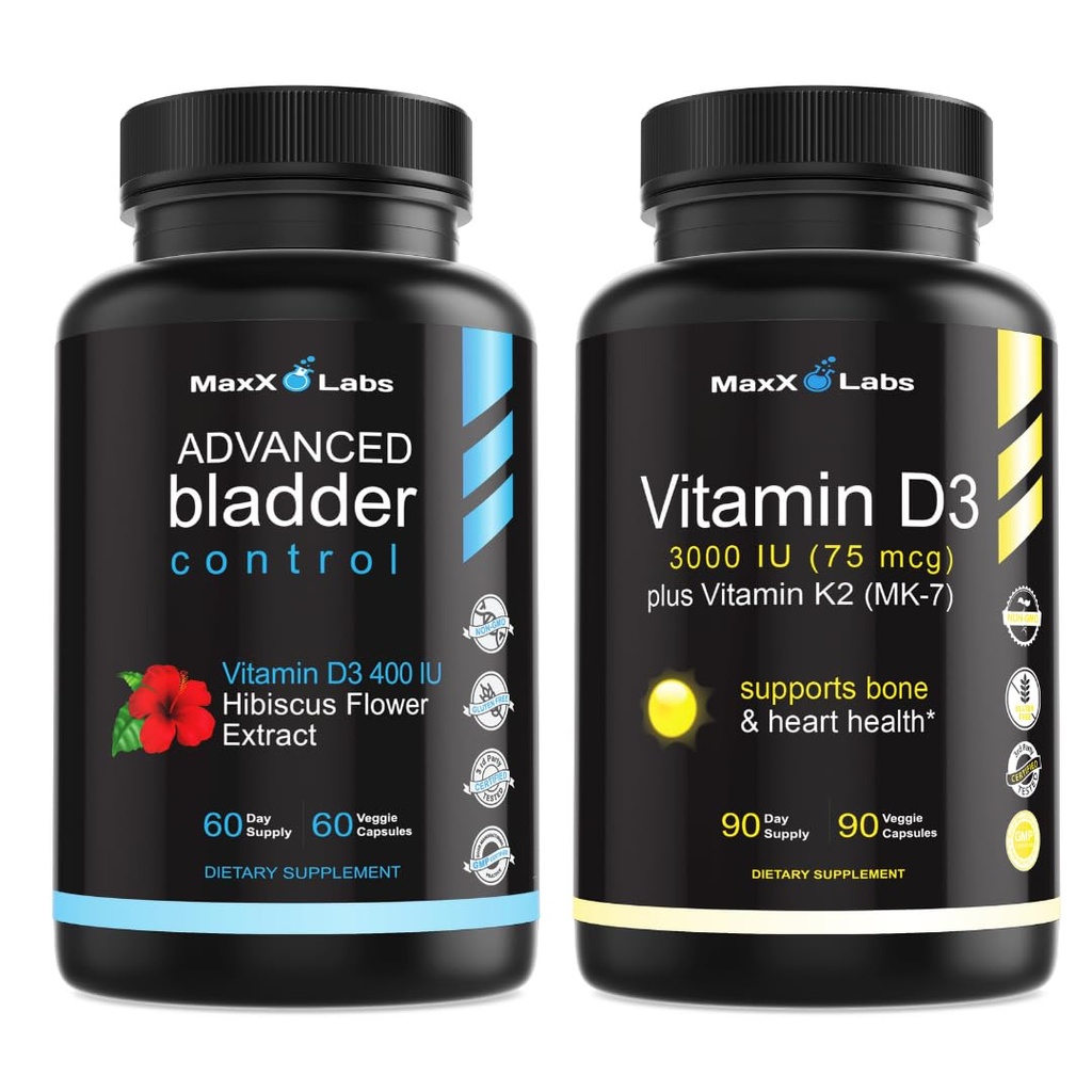 Geavanceerde Bladder Control Supplementen voor Vrouwen & Mannen 60Ct + Vitamine D3 K2 3000 IE met Vitamine K als MK-7 van Natto Support Gezonde Bones, Tanden, Hart & Immune Functie 90Ct