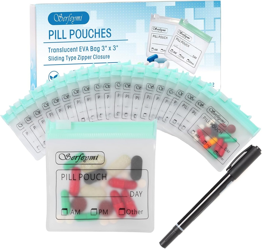 Serfeymi 32 stuks Zippered Pill Pouches Organisator Plastic Tassen 3 X 3 Inch 12 mil Zelfverzegeling met schuifslot Schrijfbaar label Translucent Travel Medicine Bag Case en 1 Pc Marker-Green