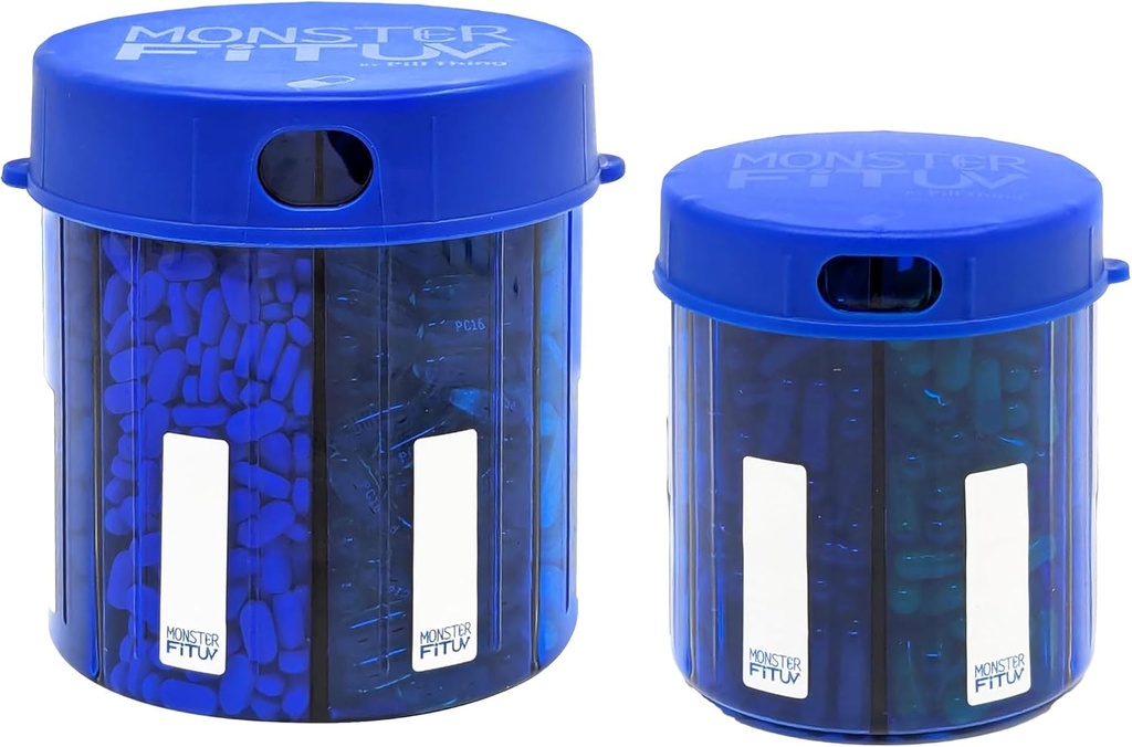 Monster Supplement Medication Pill Dispenser met Compartiment Labels - Extra grote pil container fles handvat bijna elk supplement - Gemakkelijk te verwijderen (monster blauw & monster jr. blauw)