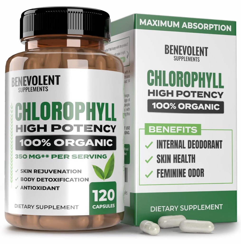 Benevolent Chlorofyl Capsules 350mg - 100% Natural + Ultra Chlorofyl 20x Potentie Concentratie voor Energie Boost, Immuun Ondersteuning, Interne Deodorant, Huidgezondheid, Non-GMO, 120 Capsules