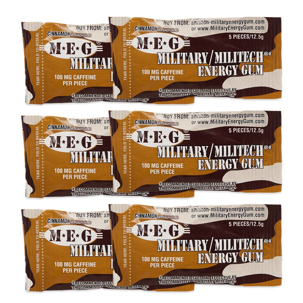 MEG - Military Energy Gum 100mg Cafeïne per stuk + Verhoog energie + Boost Fysieke prestaties + Kaneel 6 Pack (30 Tellen)