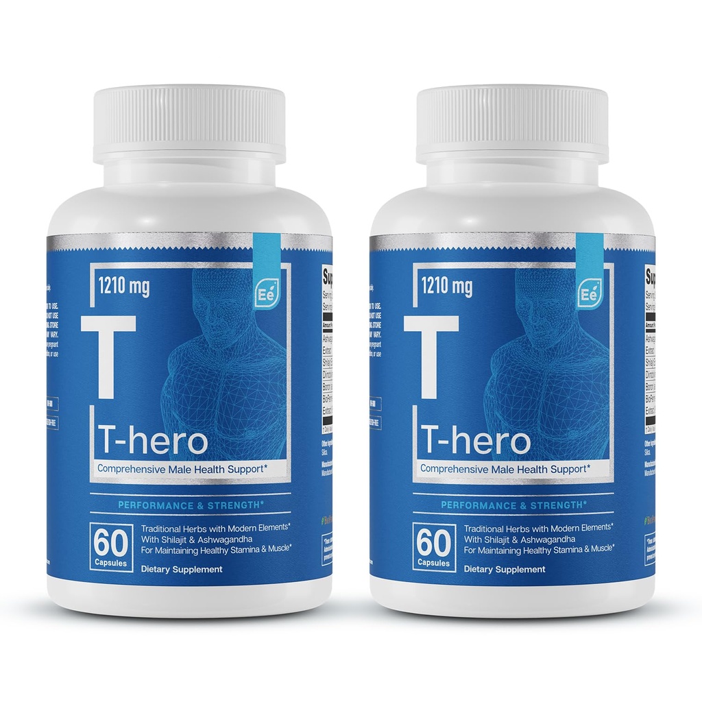 Essentiële elementen T-Hero - Daily Testosteron Support for Men - Promoot vitality & Drive - met Ashwagandha, Shilajit, Boron, DIM - 60 Count - 30 Servings (2-Pack)