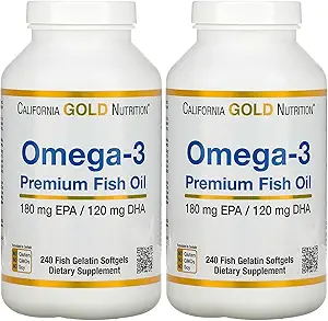 California Gold Nutrition Premium Fish Oil, Omega-3, 180 mg EPA, 120 mg DHA, Concentrated triglyceride Form, 240 Fish Gelatine Softgels, 2 Pack
