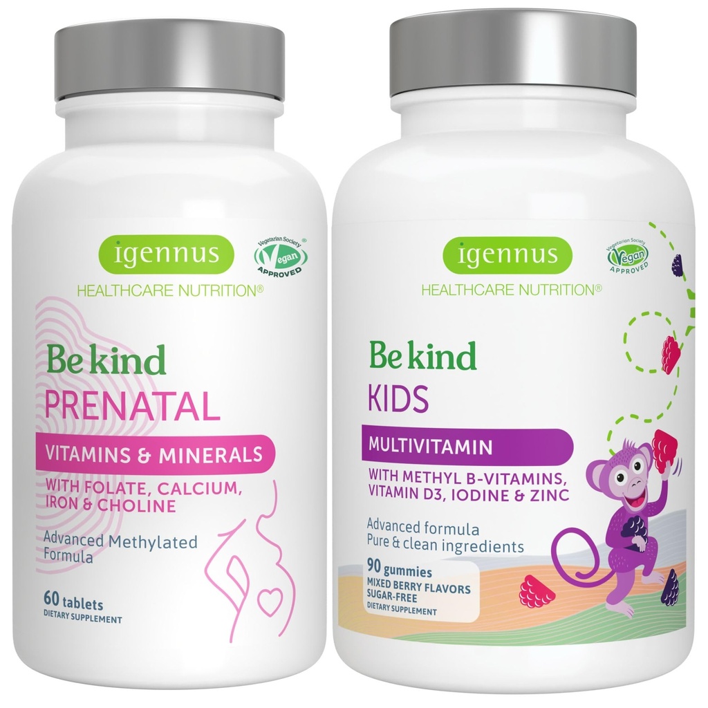 Hoge Absorptie Methylated Prenatale + Advanced Kids Multivitamine Gummy Vegan Bundle, Clean Label met Vitamine A, B, C, D3 & E, 60 Tablets + 90 Berry Flavor Gummies, Be Kind by Igennus