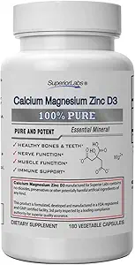 Superior Labs - Calcium Magnesium Zink D3 - Essentieel Mineral Trio - 180 Plantaardige Capsules - Gezonde botten en tanden - Zenuwsignaal - Spierfunctie - Immuunondersteuning