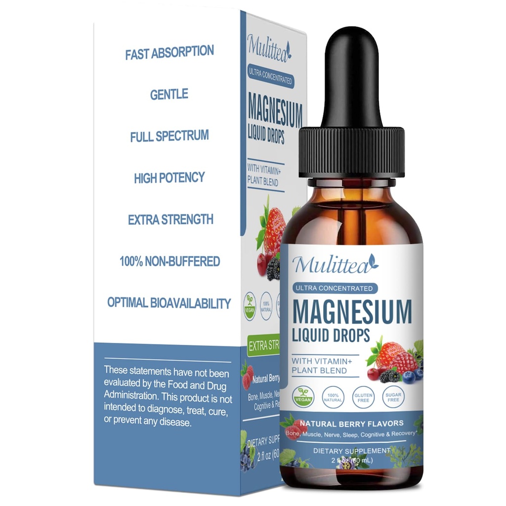 Magnesium Glycinate Liquid Drop - Triple Absorptie Supplement ter ondersteuning van zenuwen, slaap, rust, hart, spieren * -Suikervrij met kalium, L-Theanine, Zee Moss, Vitamin B,C,D3, K2-1Pack