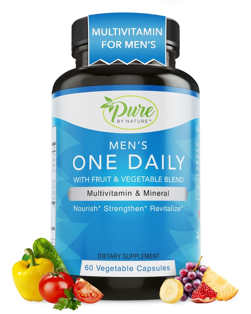Pure by Nature One-Daily Multivitamine voor mannen, Immune Support Supplement met niet-GMO Ingrediënt, Vitamine & Mineralen voor energie, 60 Veggie Capsules