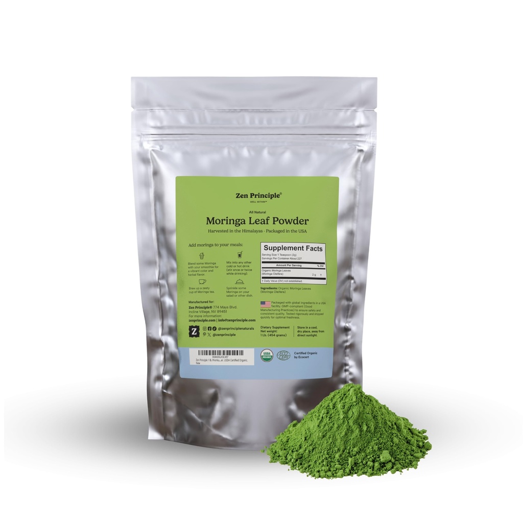 Zen Principe 1 lb. Premium Biologische Moringa Oleifera Bladpoeder. USDA Certified Biologische.