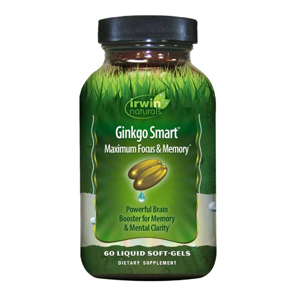 Irwin Naturals Ginkgo Smart Powerful Nootropic Brain Booster - Ondersteunt maximaal geheugen, focus & mentale helderheid met DMAE, Clubmoss, Choline & Acetyl L-Carnitine - 60 Liquid Softgels