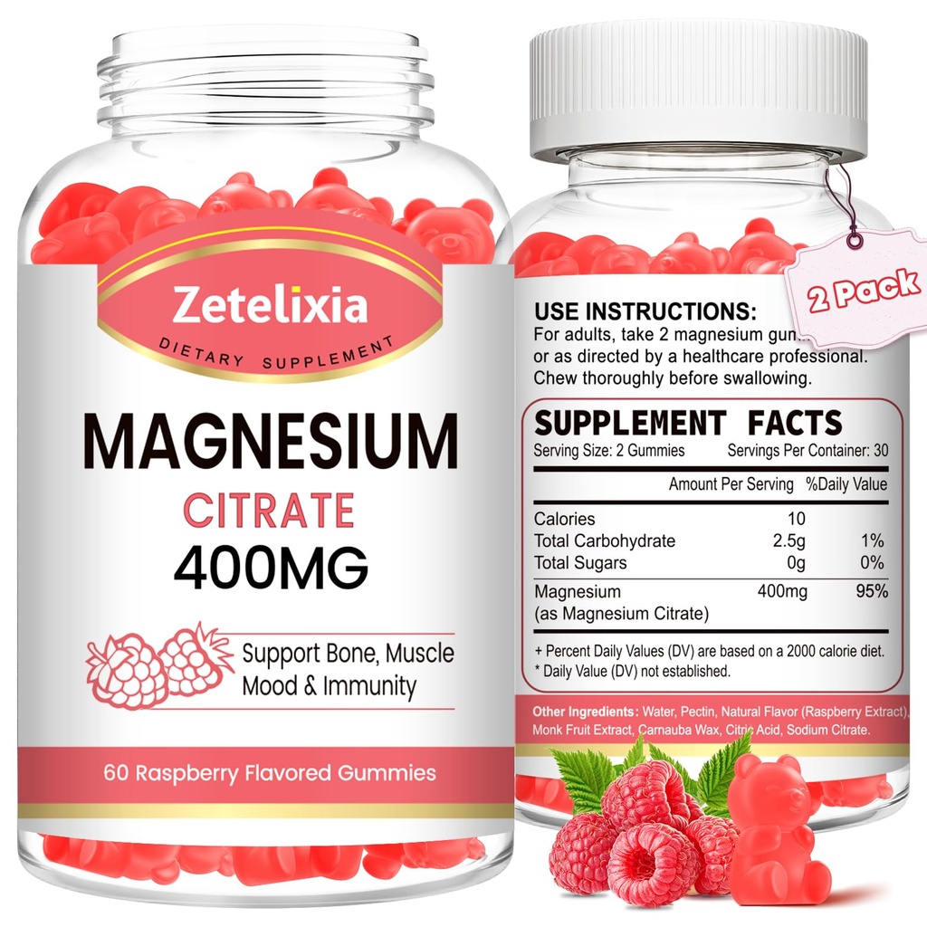 2 Pack Magnesium Citrate Gummies 400MG, Hoge Absorptie Magnesium Gummies voor volwassenen, Spier & Teeth Support, Vegan 120 Cts