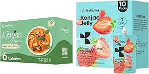Hethstia Konjac Jelly Strawberry Flavor with Collagen Peptides 10 Packs and Konjac Angel Hair Gluten Free 12 Packs Low Calorie, Keto, Sugar Free, Healthy Food