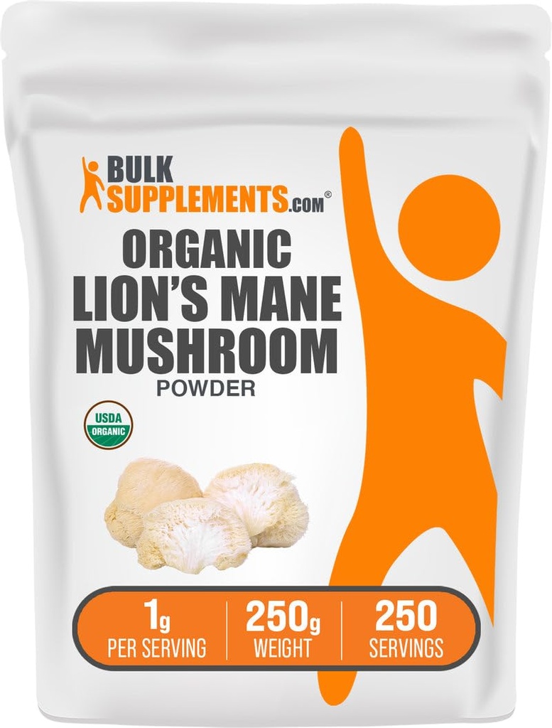 BulkSupplements.com Biologische Leeuwen Mane Paddestoel Poeder - Leeuwen Mane Poeder, Paddestoel Supplement - Veganistisch & Glutenvrij, 1g per portie, 250g (8.8 oz) (pakket van 1)