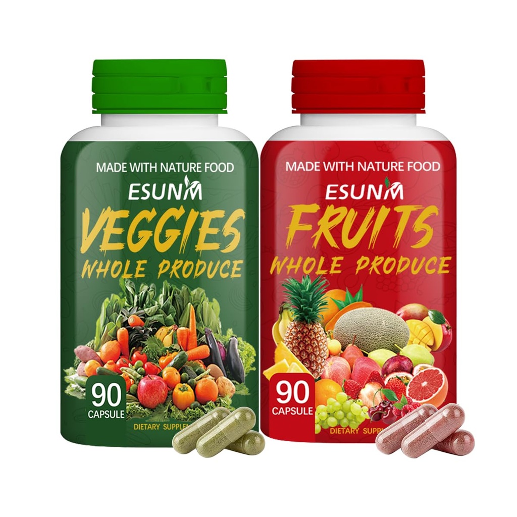 Fruit en groenten supplement - 90 Fruit en 90 Veggie Capsules - Ondersteunt energieniveaus, hoge Lycopeen, vitamines en mineralen - 90 Tellen (pakket van 2)