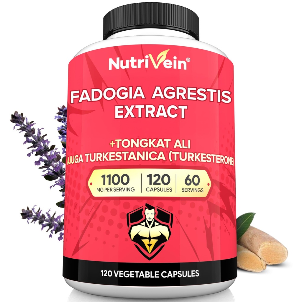 Nutrivein Premium Fadogia Agrestis en Tongkat Ali Supplement met Turkesterone - 1100 mg - 120 Caps - synergistische Blend voor prestaties, kracht en herstel voor mannen en vrouwen van alle leeftijden