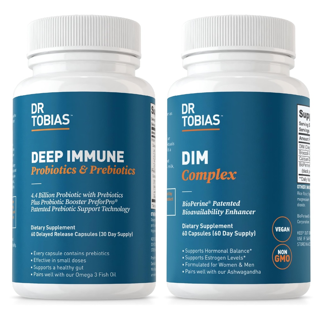 Dr. Tobias Deep Immune Probiotica & Prebiotica en DIM Complex, ondersteunt de spijsverteringsgezondheid, Gut Immune functie, Hormone balans voor vrouwen en mannen